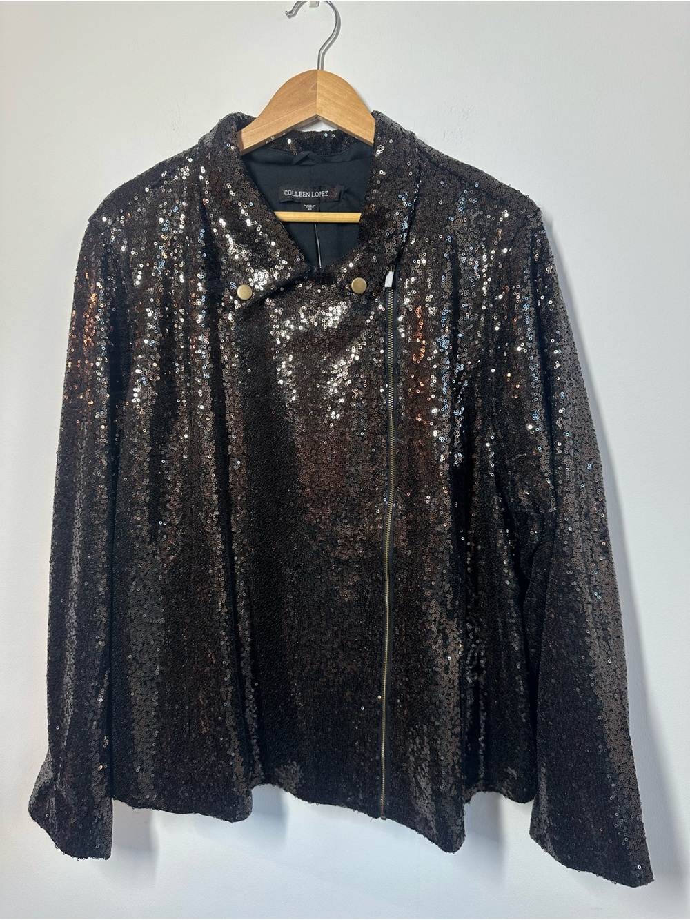 Colleen Lopez Black Bronze Sequin Moto Jacket Asymmetrical Zip Plus Size 3X